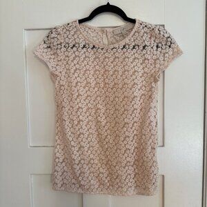 Ann Taylor LOFT Blush Pink Lacy, Daisy Flower Sheer Short Sleeve Shirt Sz 2